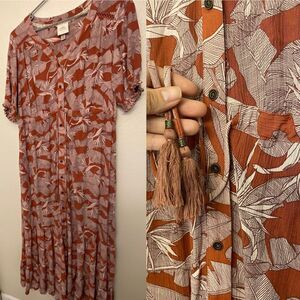 Knox Rose long maxi boho button front tassel tropical red short sleeve dress M